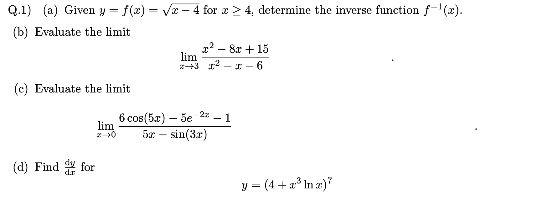 Solved Q.1) (a) Given y=f(x)=x−4 for x≥4, determine the | Chegg.com