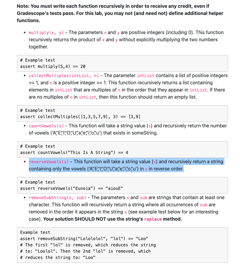 Solved Note: You must write each function recursively in | Chegg.com image.