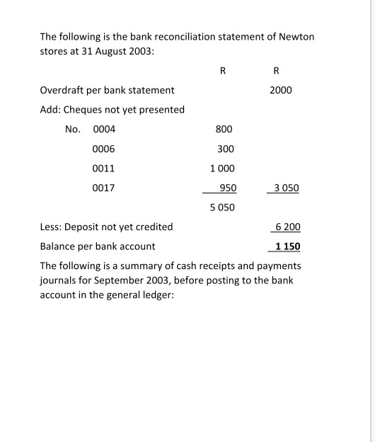 bank reconciliation statement assignment