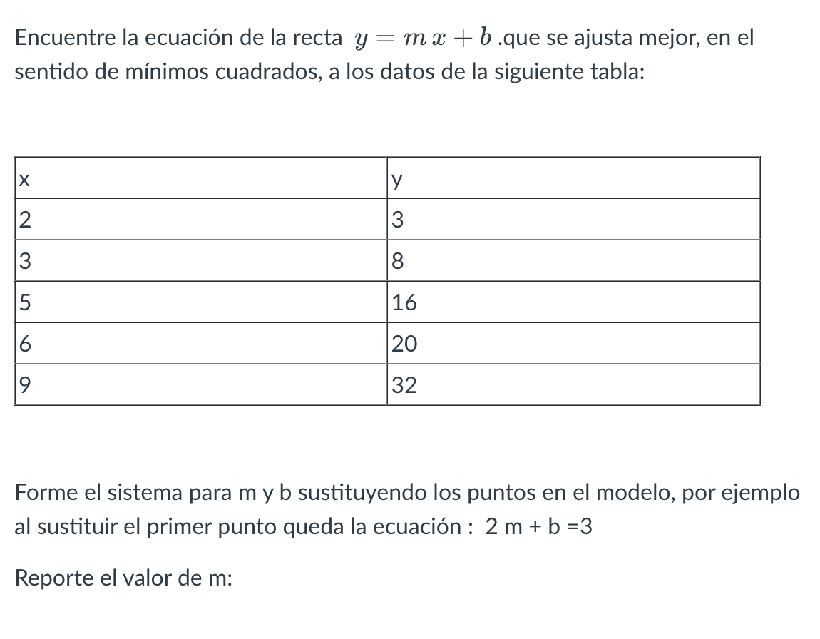 Encuentre la ecuación de la recta \( y=m x+b \).que se ajusta mejor, en el sentido de mínimos cuadrados, a los datos de la si