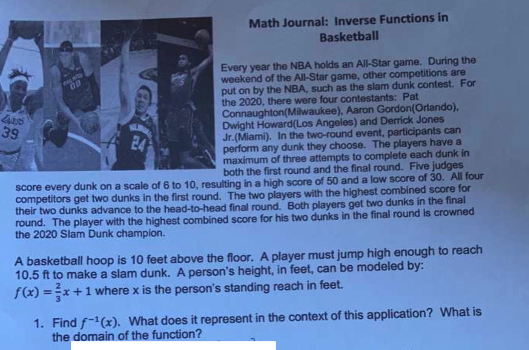 Solved Math Journal: Inverse Functions in Basketball 00 39 | Chegg.com