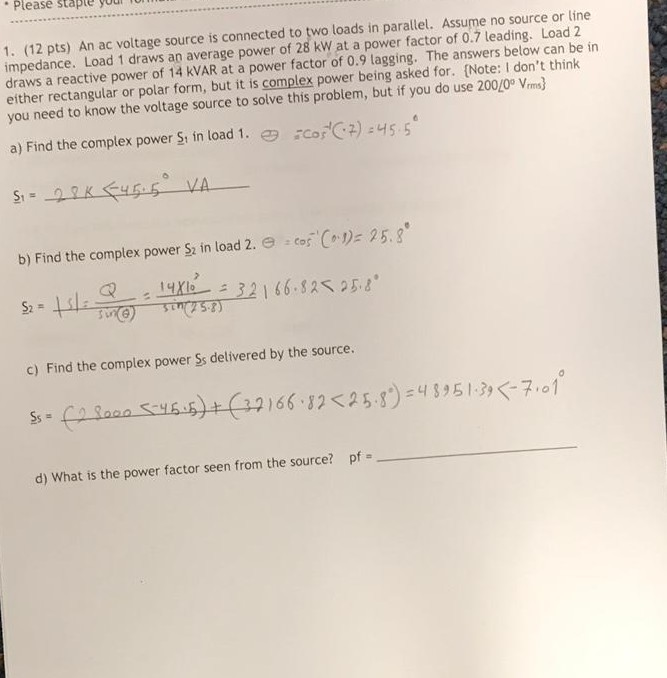 Solved 1. (12 pts) An ac voltage source is connected to two | Chegg.com