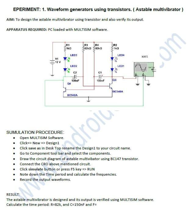Solved EPERIMENT: 1. Waveform generators using transistors. Circuit Diagram