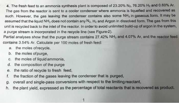 Solved 4. The fresh feed to an ammonia synthesis plant is | Chegg.com
