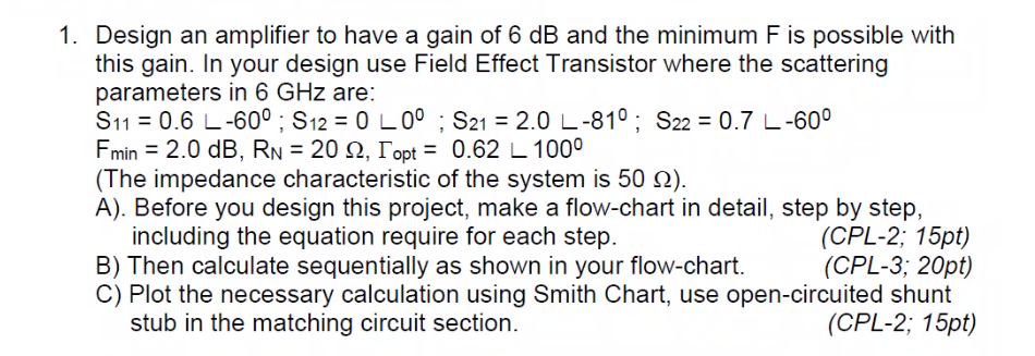 Solved 1. Design an amplifier to have a gain of 6 dB and the | Chegg.com