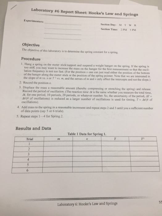 Laboratory 6 Report Sheet Hooke's Law and Springs