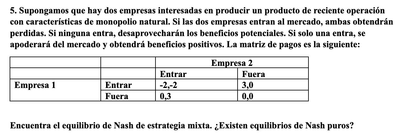 5. Supongamos que hay dos empresas interesadas en producir un producto de reciente operación con características de monopolio