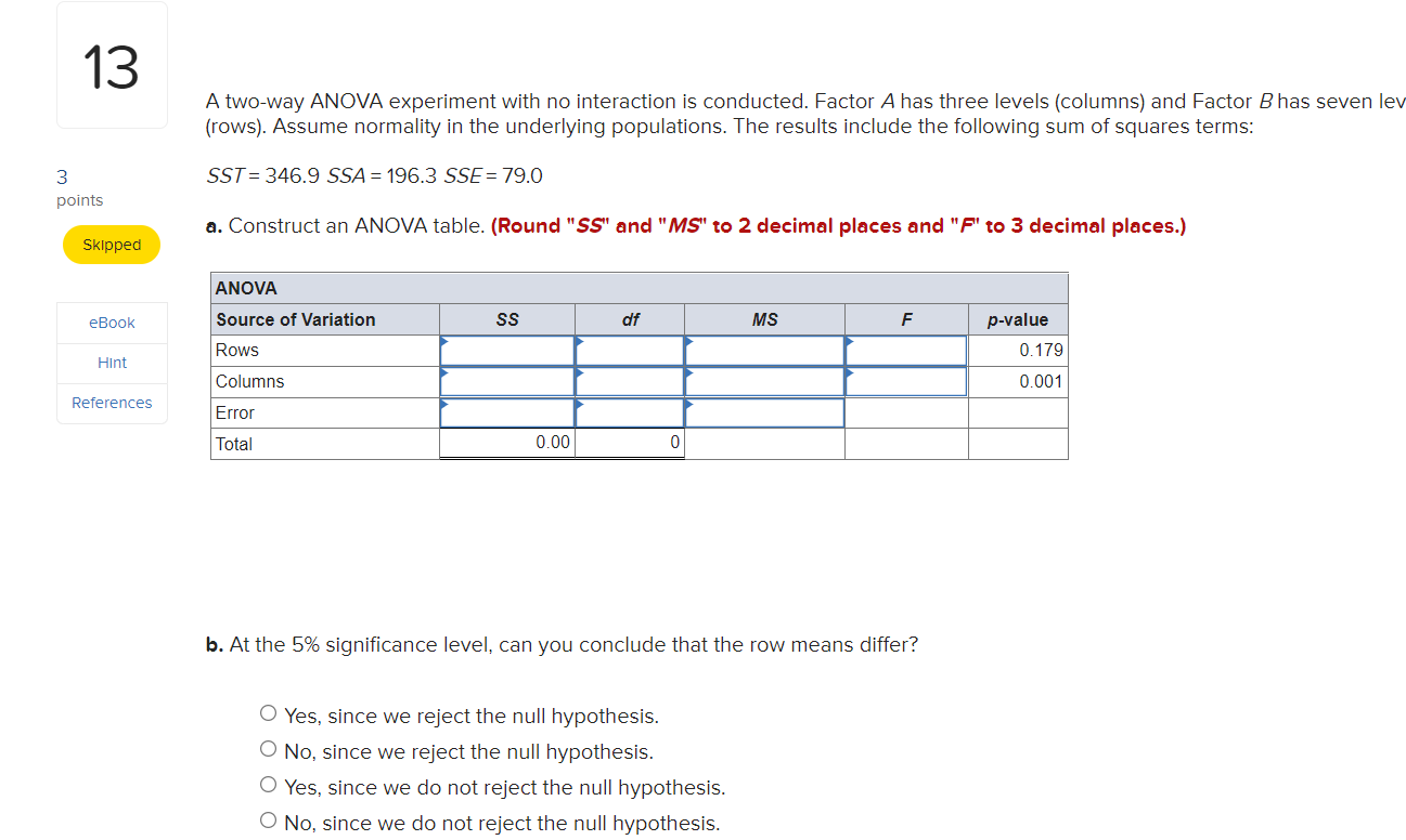 Solved A Two-way ANOVA Experiment With No Interaction Is | Chegg.com