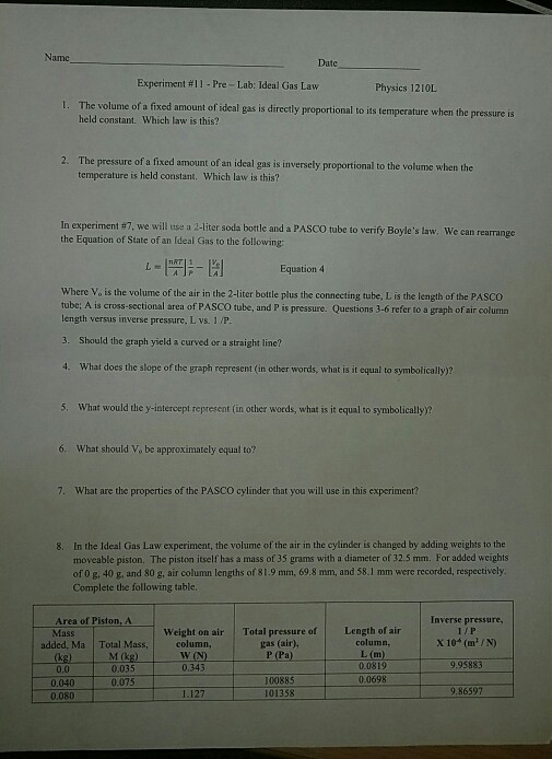 Solved Name Date Experiment 11 PreLab Ideal Gas Law