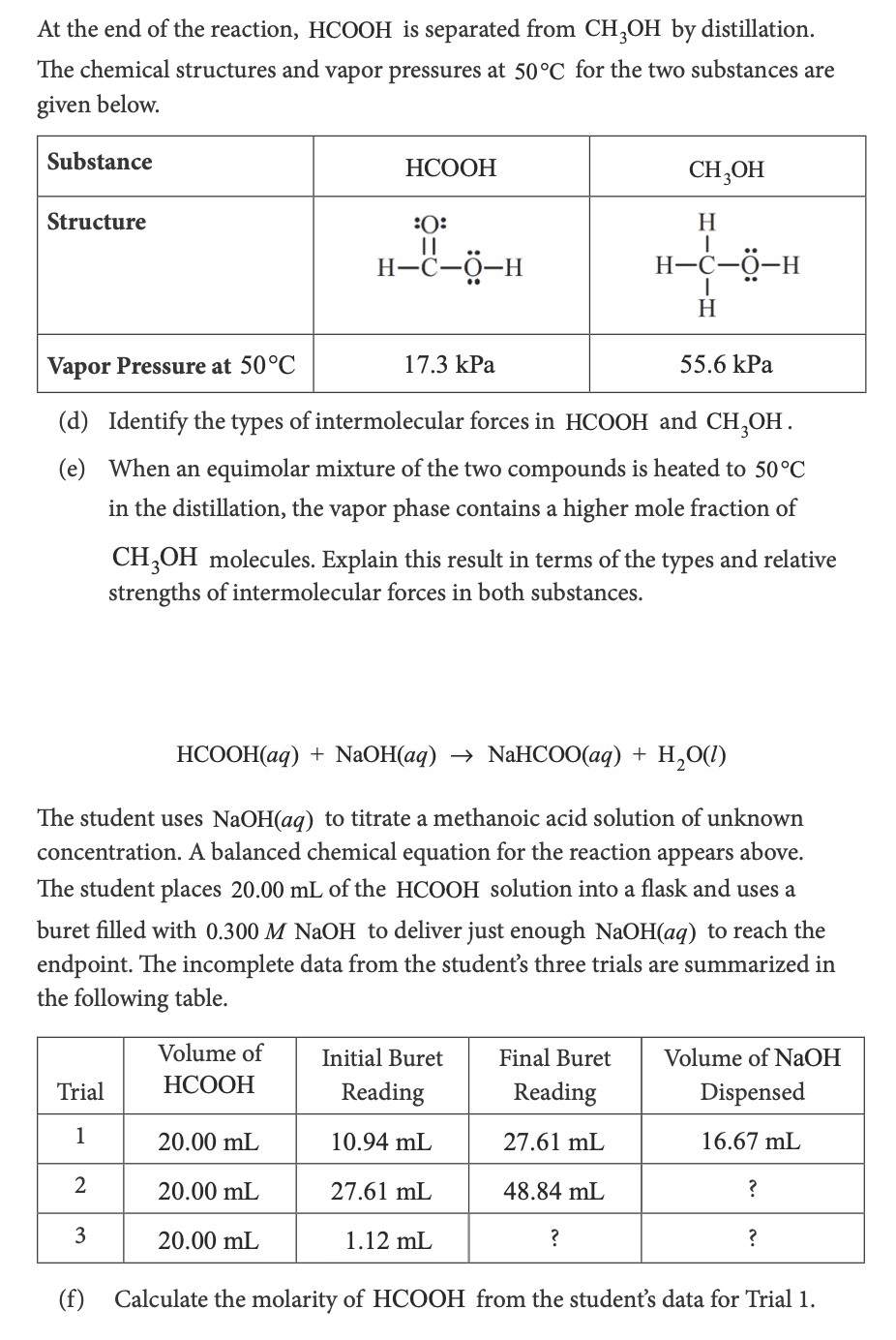 Solved At the end of the reaction, HCOOH is separated from | Chegg.com