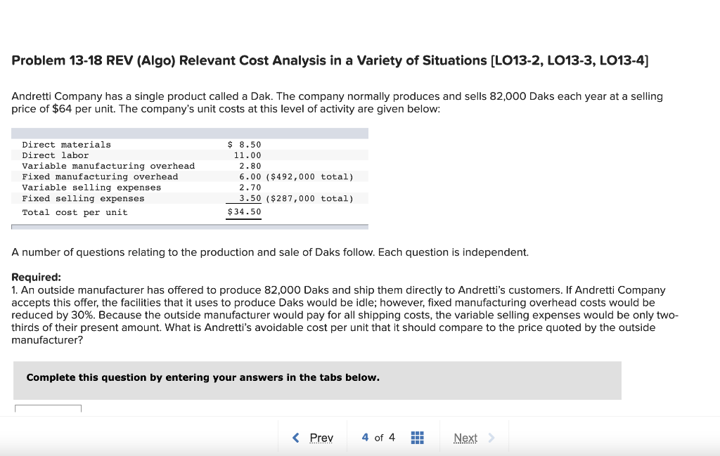 Solved Problem 13-18 REV (Algo) Relevant Cost Analysis In A | Chegg.com