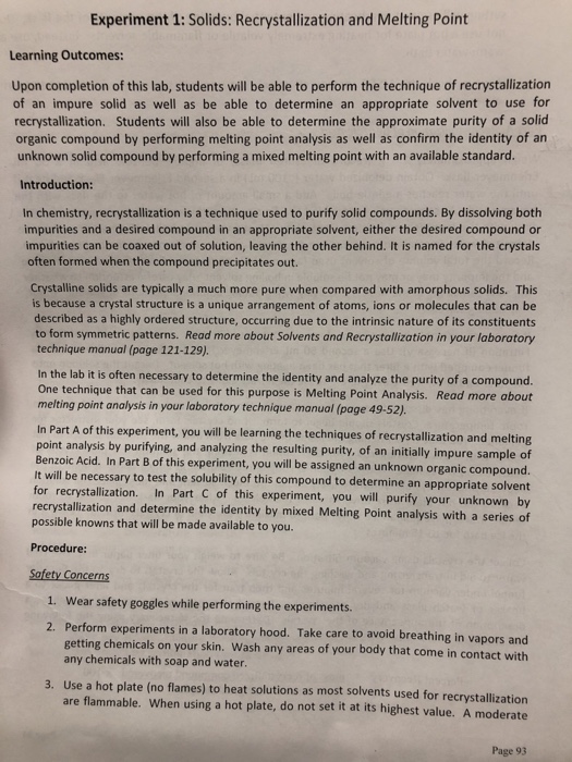 Solved Experiment 1 Solids Recrystallization and Melting