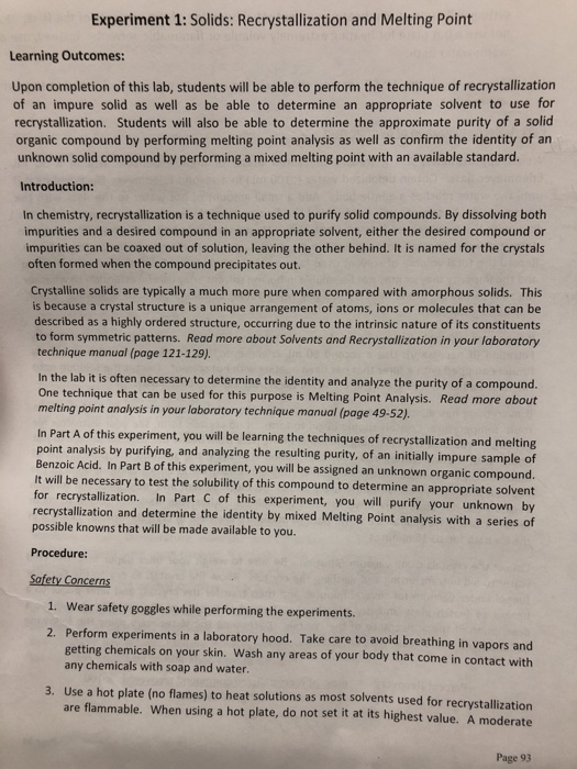 Solved Experiment 1: Solids: Recrystallization And Melting | Chegg.com