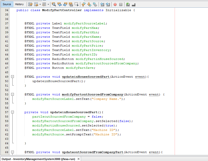 Source History -97529 PBB O W- public class ModifyPartController implements Initializable { FXML private Label modifyPartSour