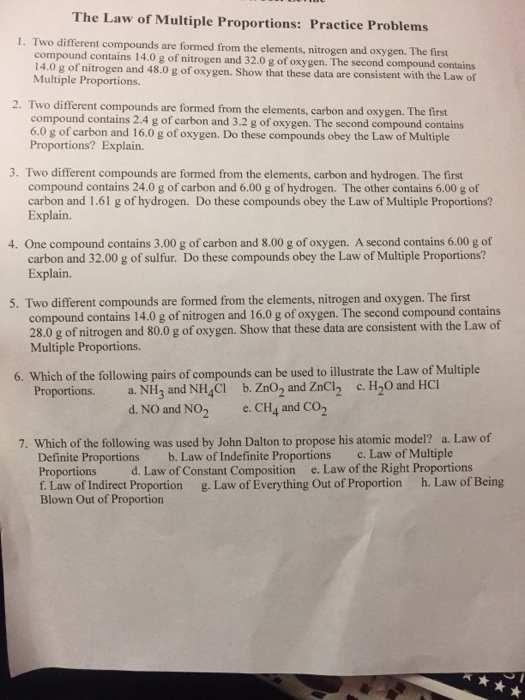 Solved The Law of Multiple Proportions: Practice Problems 1. | Chegg.com