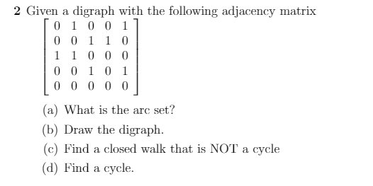 Solved 2 Given a digraph with the following adjacency matrix | Chegg.com