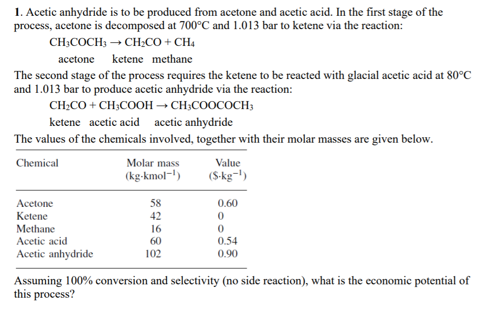 Solved 1. Acetic anhydride is to be produced from acetone