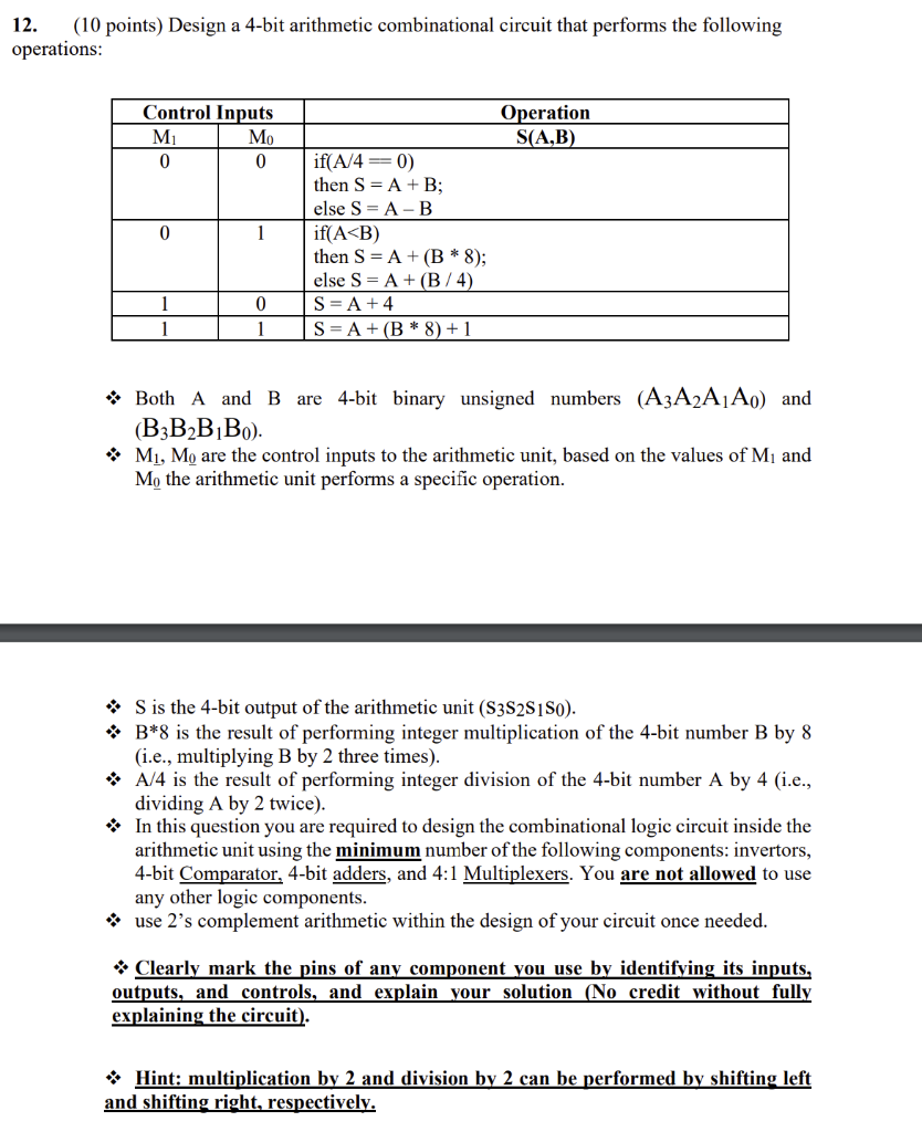 12. (10 points) Design a 4-bit arithmetic combinational circuit that performs the following operations:
* Both \( \mathrm{A}