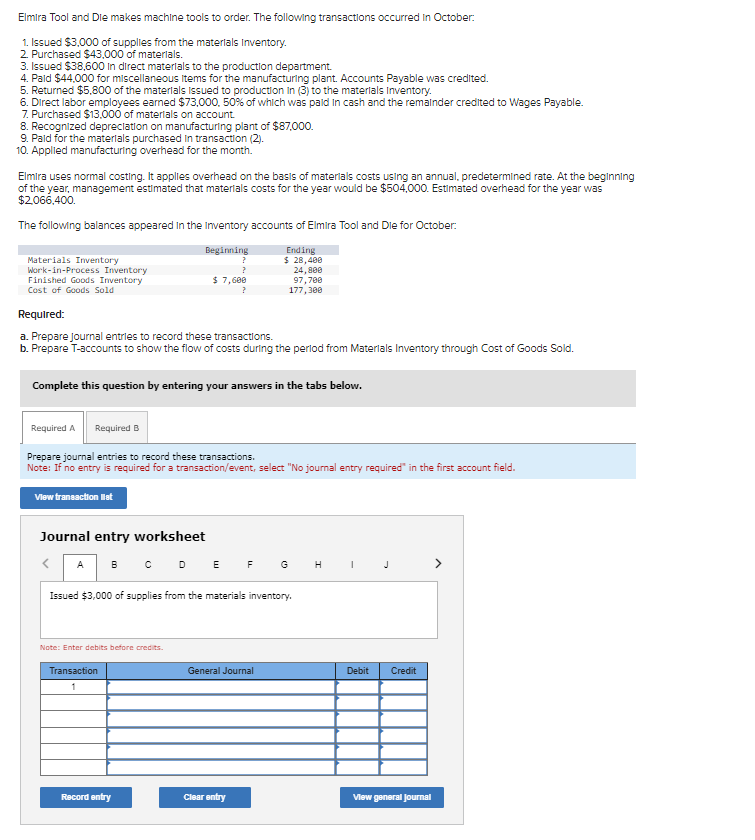 Solved Elmira Tool and Die makes machine tools to order. The