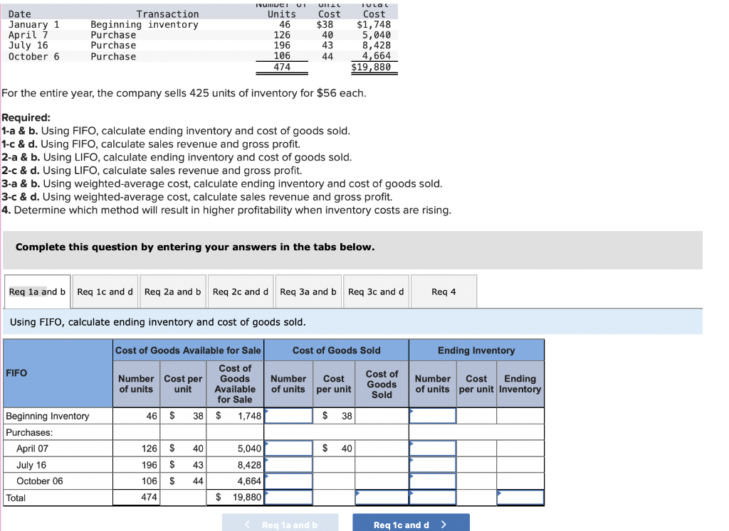 Solved For the entire year, the company sells 425 units of | Chegg.com