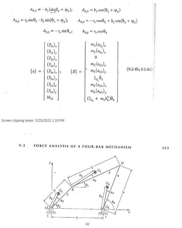 Force Analysis of Fourbar: Using the equations in the | Chegg.com