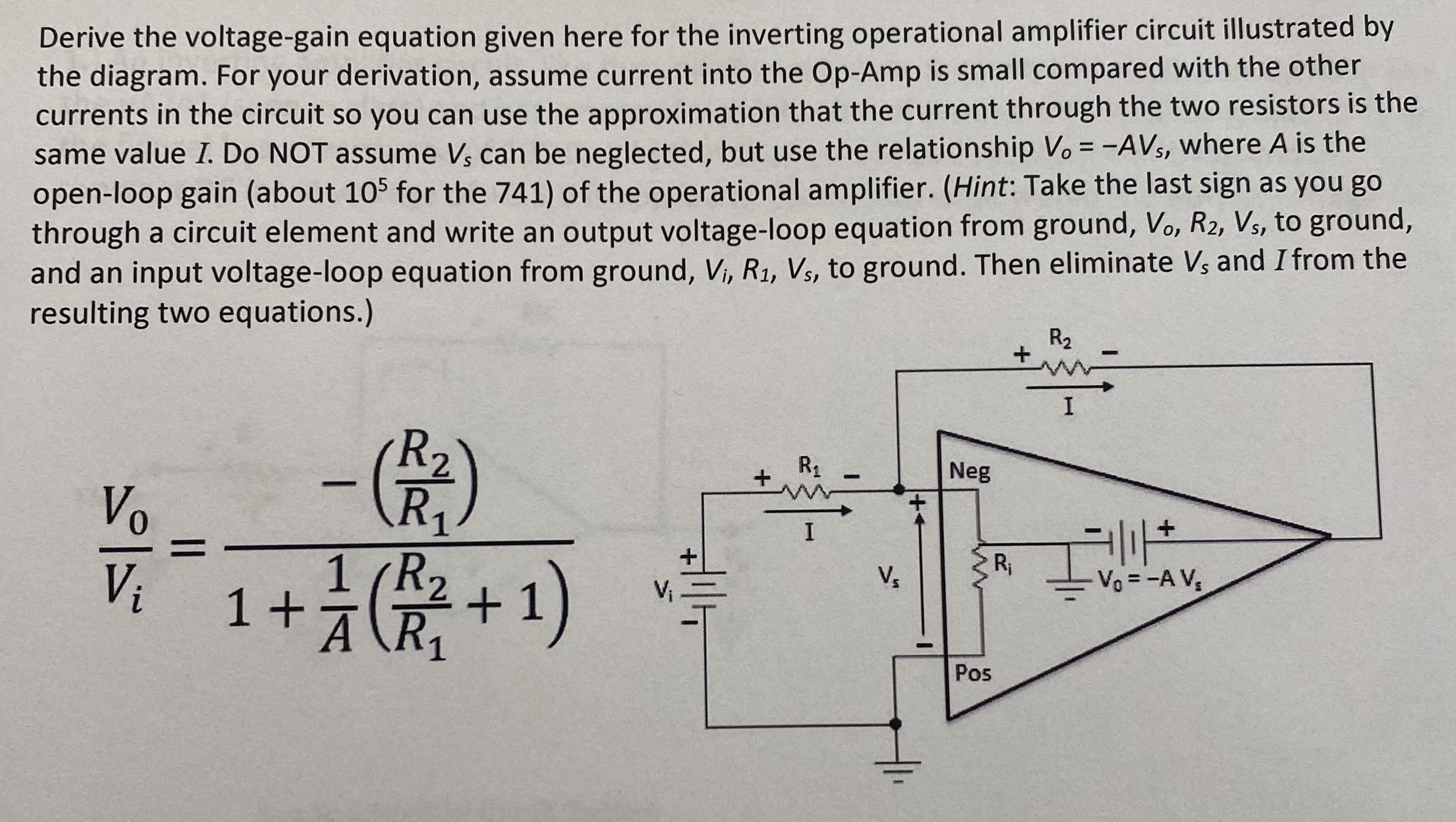 Solved Derive The Voltage-gain Equation Given Here For The | Chegg.com