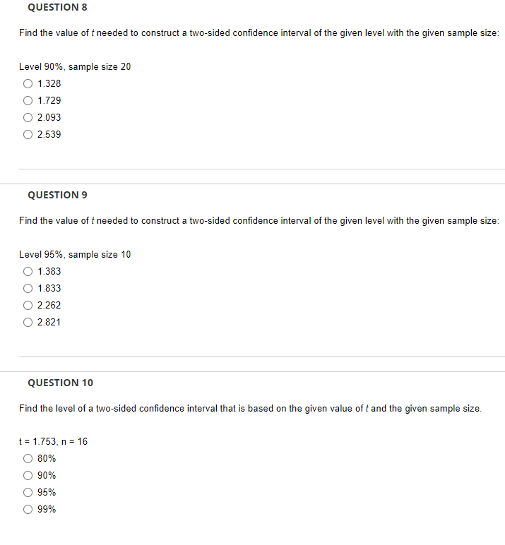 Solved Find the value of t needed to construct a two-sided | Chegg.com