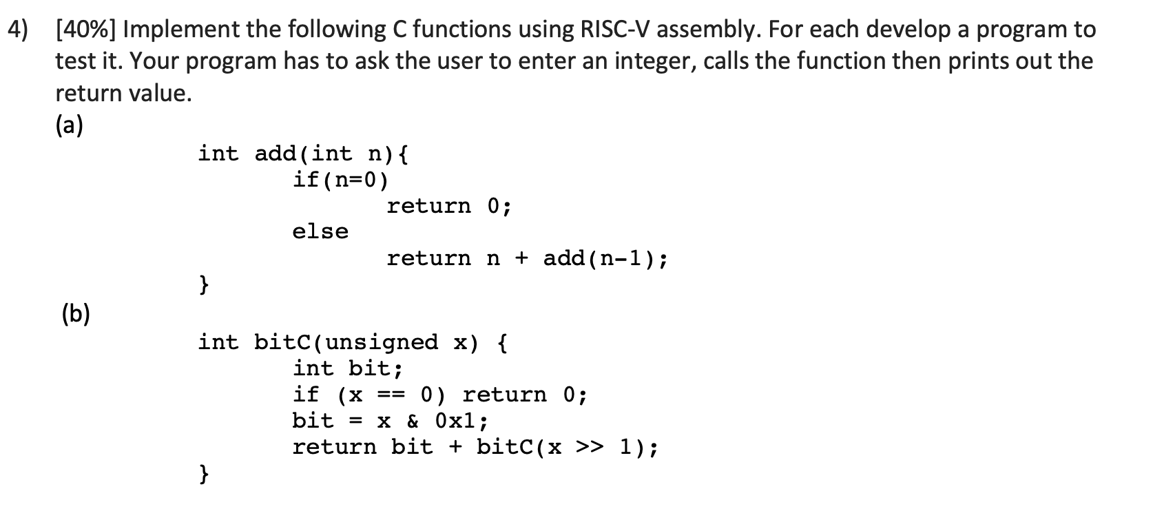Solved 4) [40%] Implement the following C functions using | Chegg.com