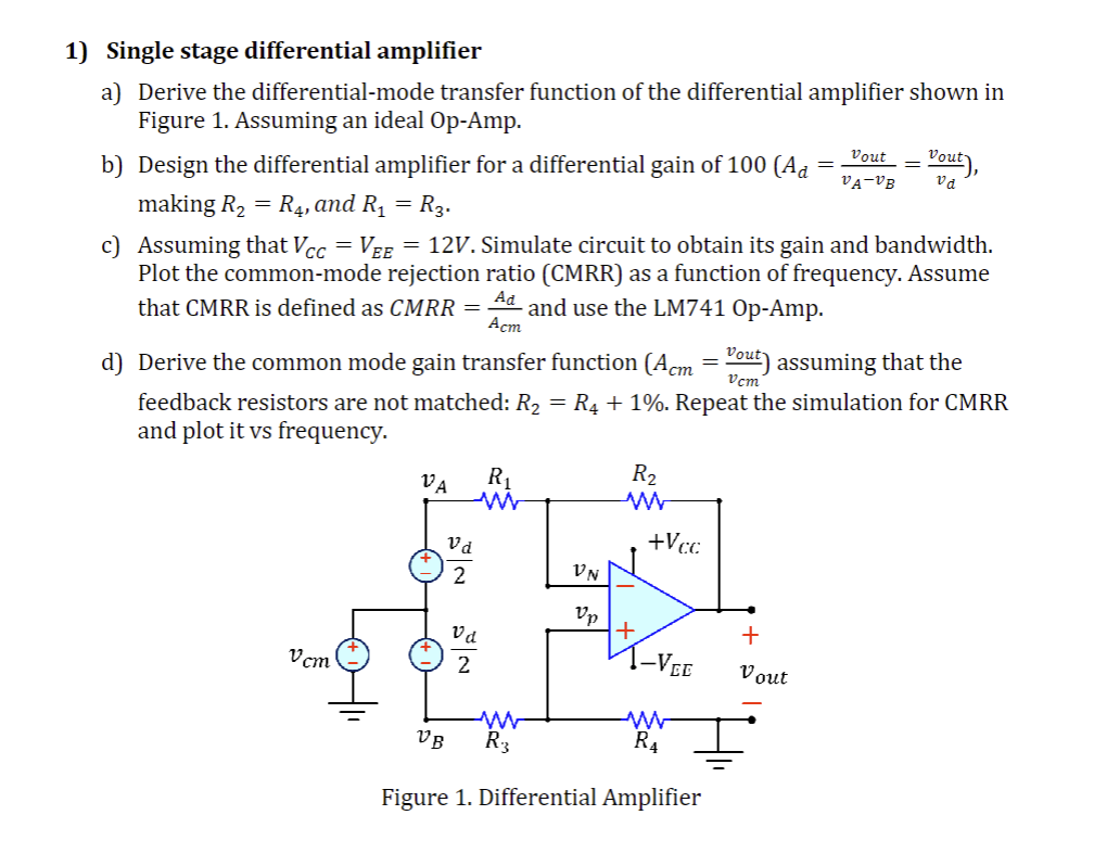 Solved 1) Single stage differential amplifier a) Derive the