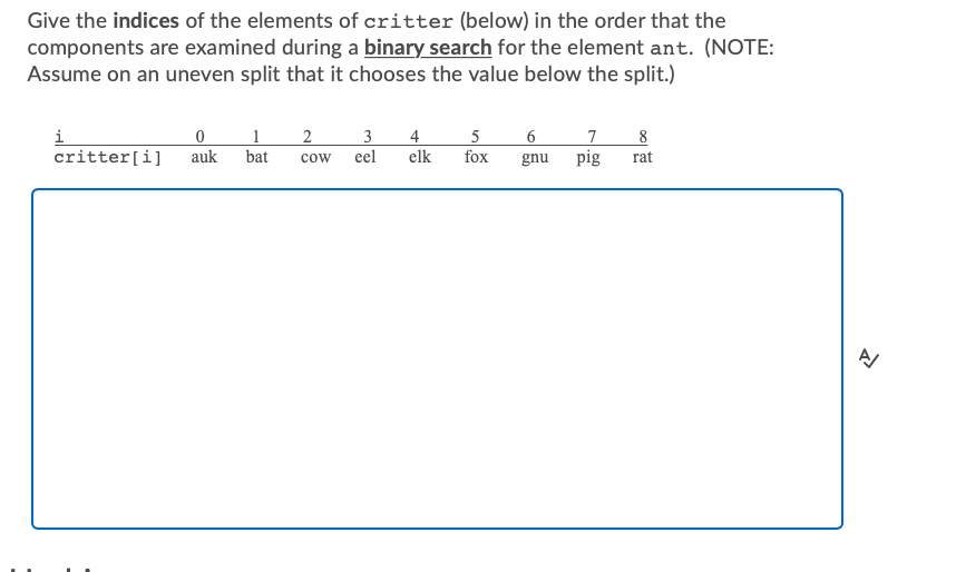 Solved Give the indices of the elements of critter (below) | Chegg.com