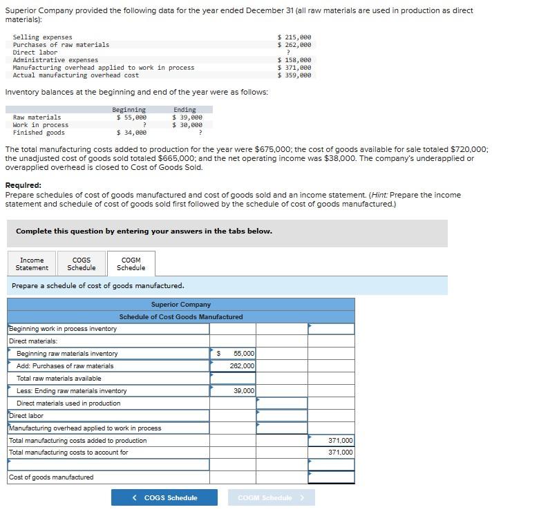 Solved Superior Company provided the following data for the | Chegg.com