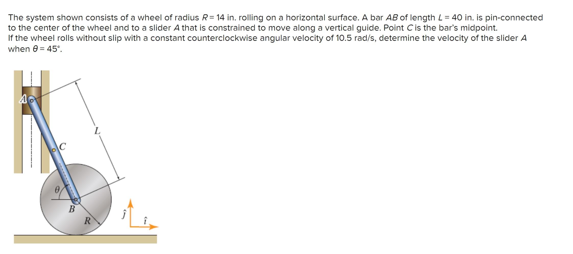 The system shown consists of a wheel of radius \( R=14 \) in. rolling on a horizontal surface. A bar \( A B \) of length \( L