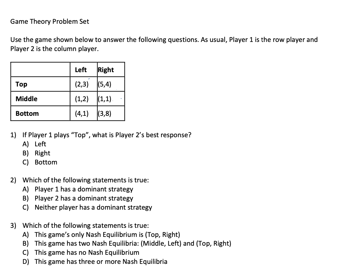 Solved Game Theory Problem SetUse The Game Shown Below To | Chegg.com