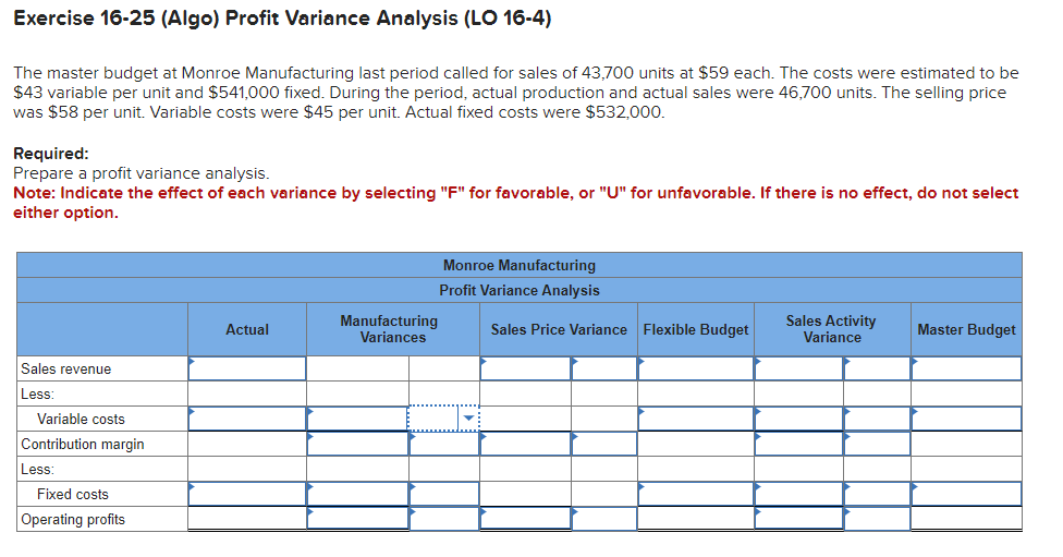 Solved Exercise 16-25 (algo) Profit Variance Analysis (lo 