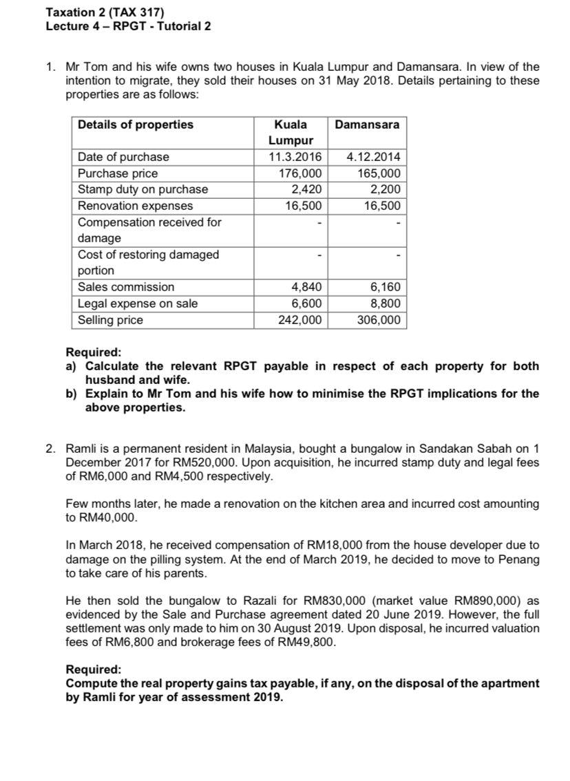 Taxation 2 Tax 317 Lecture 4 Rpgt Tutorial 2 Chegg Com