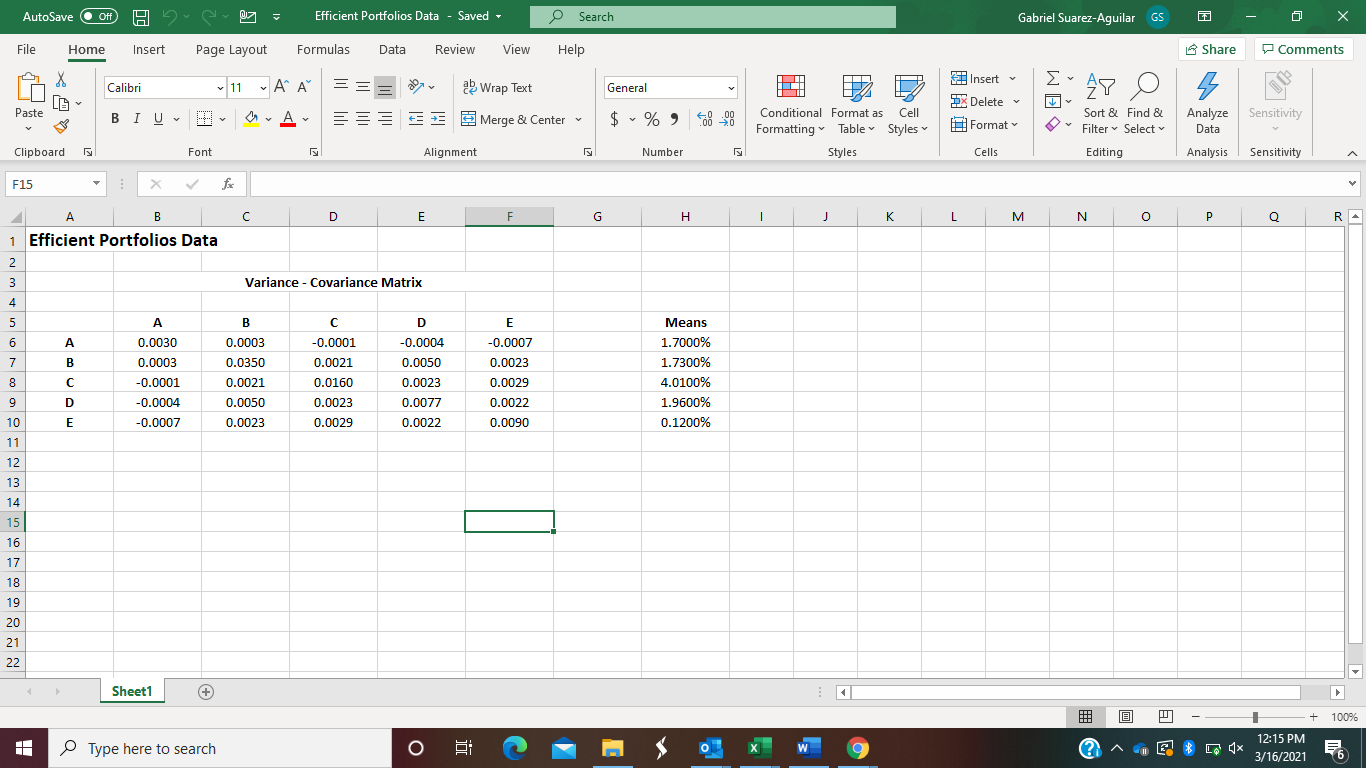 Variance Covariance Matrix Excel