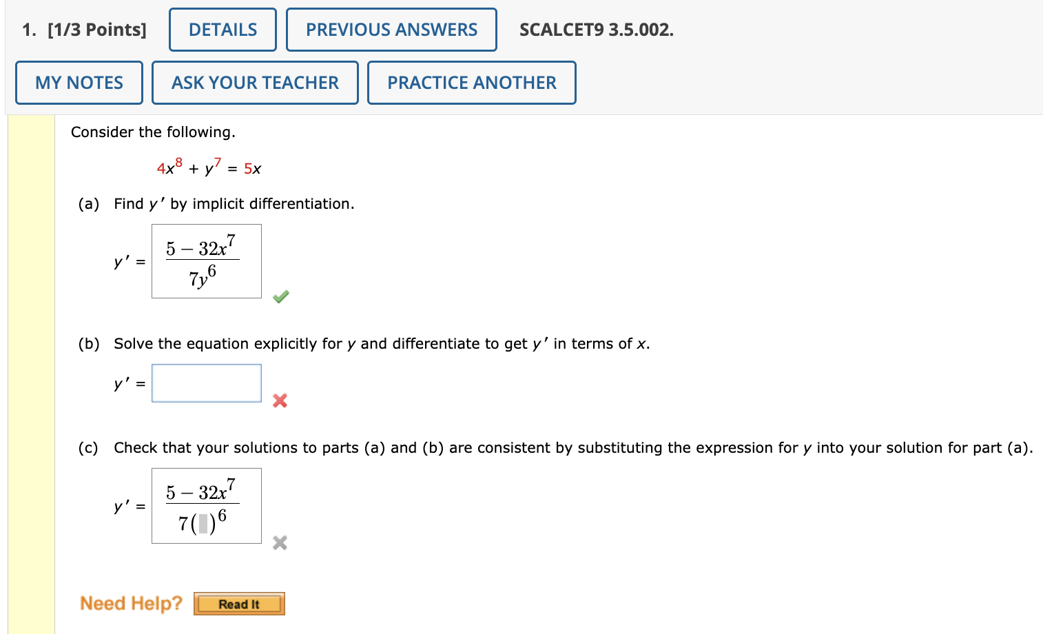 Solved Consider The Following. 4x8 + Y7 = 5x (a) Find Y ′ | Chegg.com