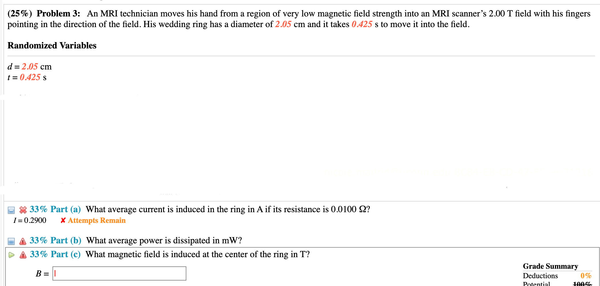 Solved (25\%) Problem 3: An MRI technician moves his hand | Chegg.com
