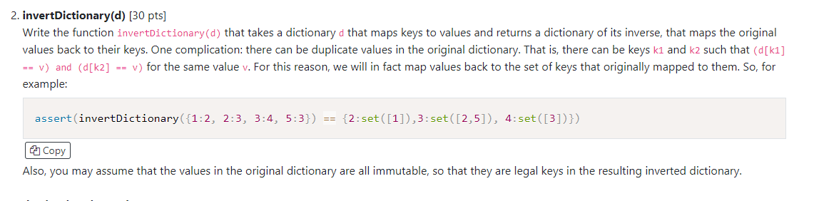 Solved 2. invertDictionary(d) (30 pts] Write the function | Chegg.com