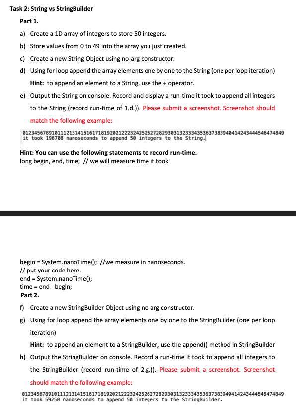 Solved Task 2 String vs StringBuilder Part 1. a) Create a