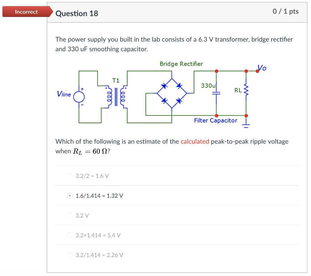Solved Incorrect Question 18 0/1 pts The power supply you | Chegg.com