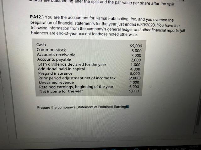 Solved Hang after the split and the par value per share | Chegg.com