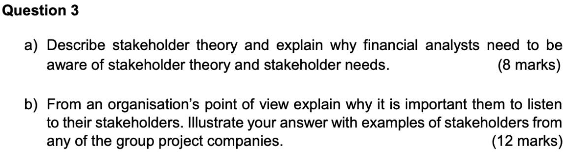 Solved Question 3 A) Describe Stakeholder Theory And Explain | Chegg.com