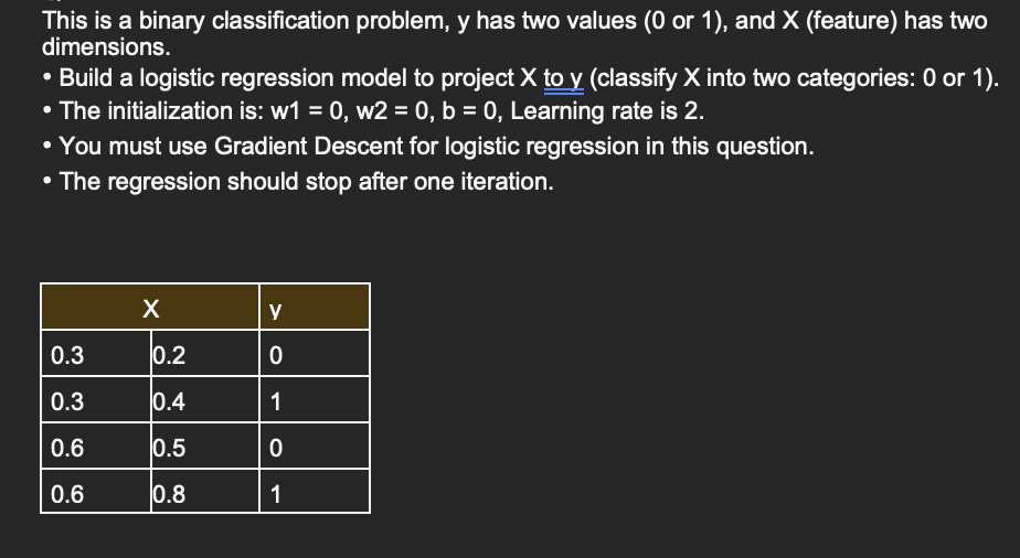 Solved This is a binary classification problem, y has two | Chegg.com