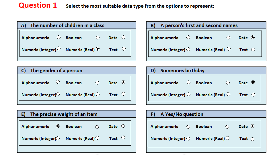 Solved Question 1 Select the most suitable data type from | Chegg.com