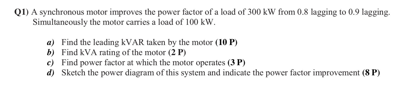 Solved Q1) A synchronous motor improves the power factor of | Chegg.com