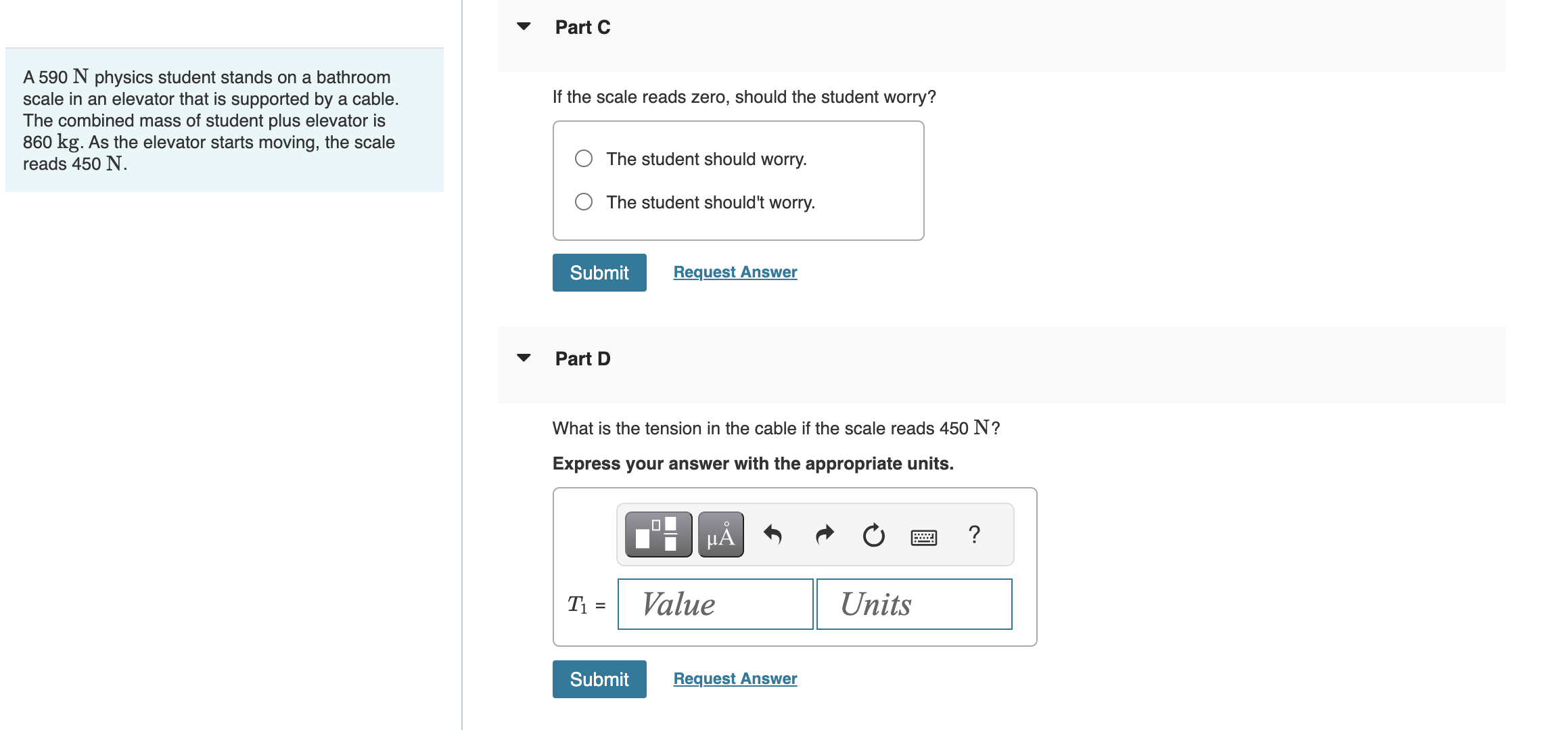 Solved A 590 N physics student stands on a bathroom scale in | Chegg.com
