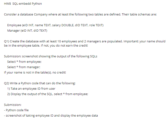 Solved HWS SQL-embedd Python Consider a database Company | Chegg.com
