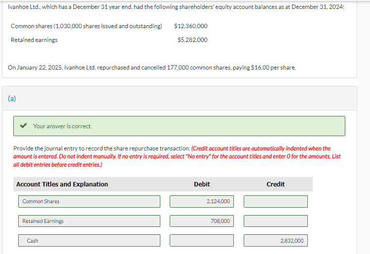 Solved On January 22, 2025, Ivanhoe Ltd. repurchased and