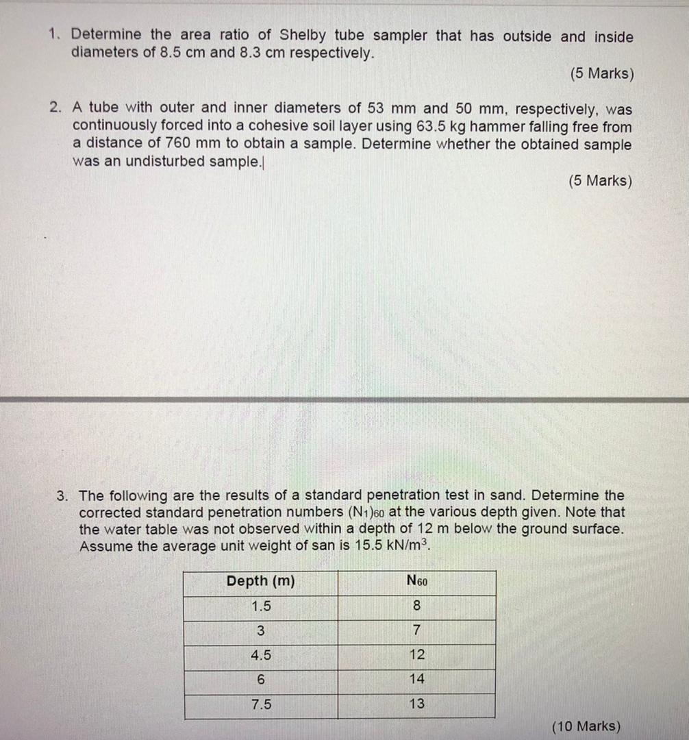 Solved 1. Determine the area ratio of Shelby tube sampler